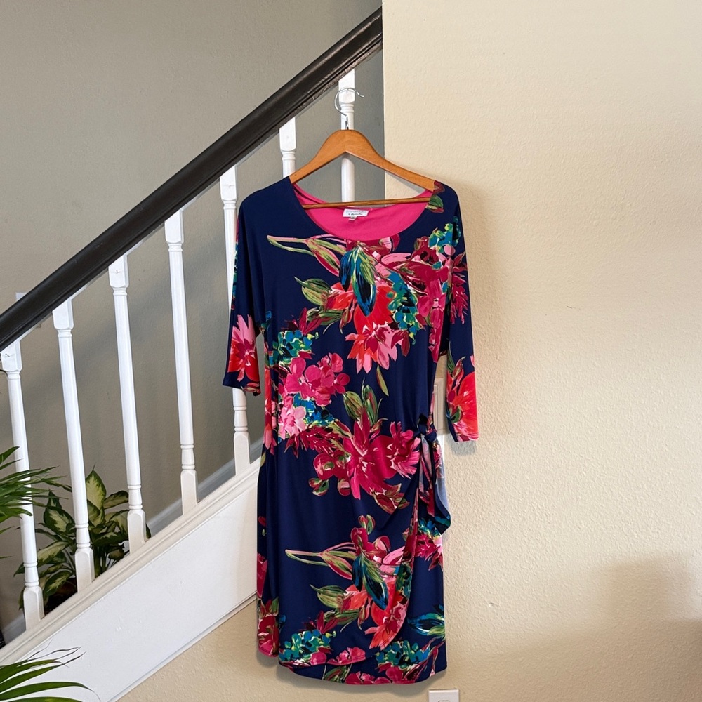Robbie Bee Navy and Pink Floral Midi Dress